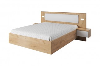 Łóżko sypialnia Xelo 160cm ze stolikami nocnymi i oświetleniem Dąb Craft Złoty + Biały