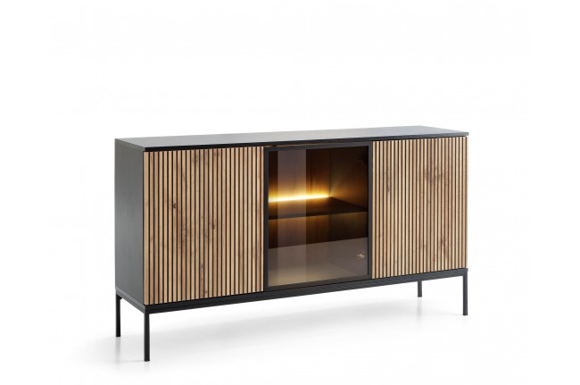 Komoda witryna niska Sento 3D 154cm Czarna + Dąb Wotan