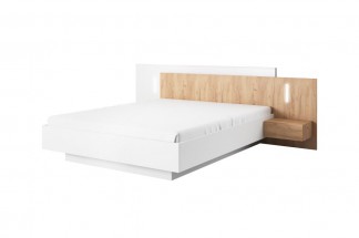 Łóżko sypialnia 3D 160cm ze stolikami nocnymi i oświetleniem Biały + Dąb Craft Złoty