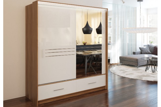 Szafa Amsterdam 203 cm Biały Połysk+Śliwa