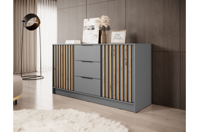 Komoda Nelly 2D3S 155 cm Szara + Lamele Dąb Artisan