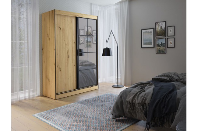 Szafa Oslo II - 150cm Dąb Artisan + Czarne dodatki.